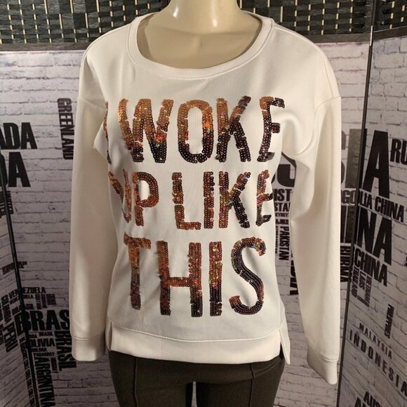 Juicy Couture M Vanilla Sequin Statement "I Woke Up Like This" Long Sleeve Top - Picture 1 of 6